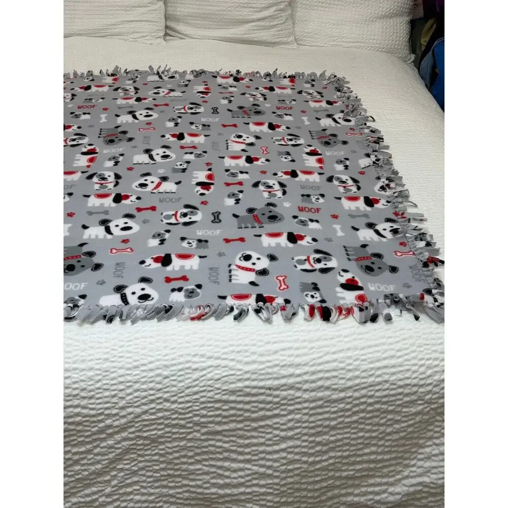HANDMADE Dog Puppy Fleece Tie Blanket Gray Woof Paw Print Throw Pet Lover 54x52